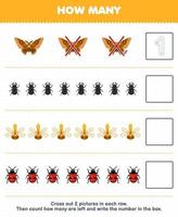 Education game for children count how many cute cartoon moth beetle dragonfly ladybug and write the number in the box printable bug worksheet vector