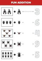 juego educativo para niños divertido adición de dibujos animados lindo escorpión piojo mosca araña escarabajo luego elija el número correcto rastreando la hoja de trabajo de error de línea vector