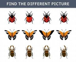 Education game for children find the different picture in each row of cute cartoon ladybug butterfly beetle printable bug worksheet vector