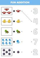 Education game for children fun counting and add one more cute cartoon underwater animal then choose the correct number by tracing the line worksheet vector