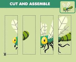 Education game for children cutting practice and assemble puzzle with cute cartoon dragonfly printable bug worksheet vector