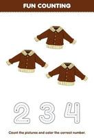 Education game for children count the pictures and color the correct number from cartoon brown jacket printable wearable clothes worksheet vector