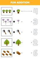 Education game for children fun addition of cartoon plant flower ax tree wood log then choose the correct number by tracing the line farm worksheet vector