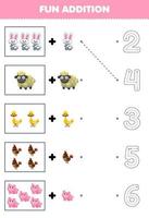 Education game for children fun counting and add one more cute cartoon farm animal then choose the correct number by tracing the line worksheet vector