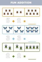 Education game for children fun addition by counting and tracing the number of cute cartoon ladybug butterfly beetle printable bug worksheet vector