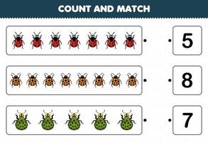 Education game for children count the number of cute cartoon ladybug and match with the right numbers printable bug worksheet vector