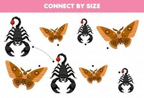 Educational game for kids connect by the size of cute cartoon scorpion and butterfly printable bug worksheet vector