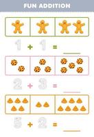 Education game for children fun addition by counting and tracing the number of cute cartoon gingerbread cookie waffle printable food worksheet vector