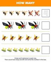 Education game for children count how many cute cartoon bee firefly cicada dragonfly and write the number in the box printable bug worksheet vector