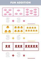 Education game for children fun addition by counting and tracing the number of cute cartoon blouse skirt scarf printable wearable clothes worksheet vector