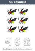 Education game for children count the pictures and color the correct number from cute cartoon firefly printable bug worksheet vector