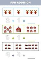 Education game for children fun addition by counting and tracing the number of cute cartoon windmill barn tractor printable farm worksheet vector