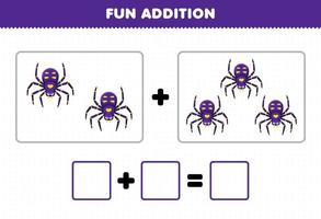 Education game for children fun addition by counting cute cartoon spider pictures printable bug worksheet vector