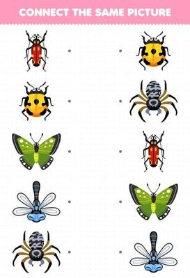 Education game for children connect the same picture of cute cartoon beetle ladybug butterfly dragonfly spider printable bug worksheet