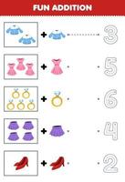 juego educativo para niños diversión adición de dibujos animados blusa vestido anillo falda tacones luego elija el número correcto trazando la hoja de trabajo de ropa de línea vector