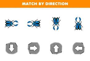 juego educativo para niños emparejar por dirección izquierda derecha arriba o abajo orientación de la hoja de trabajo de error imprimible del escarabajo ciervo de dibujos animados lindo vector