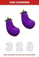 Education game for children count the pictures and color the correct number from cute cartoon eggplant printable vegetable worksheet vector