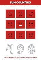 Education game for children count the pictures and color the correct number from cute cartoon square printable geometric shape worksheet vector