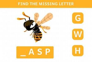 Education game for children find missing letter of cute cartoon wasp printable bug worksheet vector