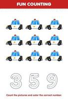 juego educativo para niños cuente las imágenes y coloree el número correcto de la hoja de trabajo de transporte imprimible del coche de policía de dibujos animados lindo vector