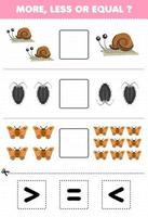 Education game for children more less or equal count the amount of cute cartoon snail louse moth then cut and glue cut the correct sign bug worksheet