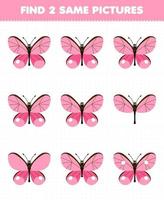 juego educativo para niños encuentra dos imágenes iguales de una linda hoja de trabajo imprimible de mariposa rosa de dibujos animados vector