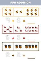 Education game for children fun addition by counting and tracing the number of cute cartoon cicada ant beetle printable bug worksheet vector