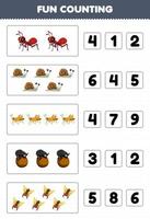 juego educativo para niños diversión contando y eligiendo el número correcto de dibujos animados lindo hormiga caracol saltamontes escarabajo cigarra hoja de trabajo de error imprimible vector