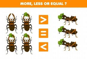 juego educativo para niños más menos o igual cuenta la cantidad de escarabajo de dibujos animados lindo y hoja de trabajo de error imprimible de hormiga