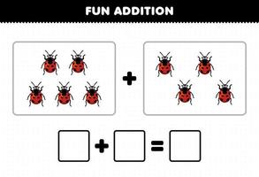 Education game for children fun addition by counting cute cartoon ladybug pictures printable bug worksheet vector