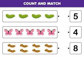 Education game for children count the number of cute cartoon caterpillar butterfly silkworm and match with the right numbers printable bug worksheet vector