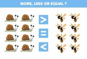 Education game for children more less or equal count the amount of cute cartoon snail and bee wasp printable bug worksheet vector