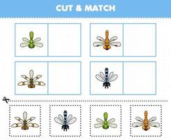 Education game for children cut and match the same picture of cute cartoon dragonfly printable bug worksheet vector