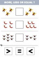 Education game for children more less or equal count the amount of cute cartoon cicada centipede fly then cut and glue cut the correct sign bug worksheet vector