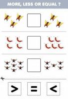 Education game for children more less or equal count the amount of cute cartoon cicada centipede fly then cut and glue cut the correct sign bug worksheet vector