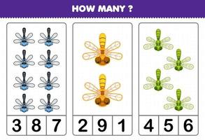juego educativo para niños contando cuántas lindas libélulas de dibujos animados hoja de trabajo imprimible de errores vector