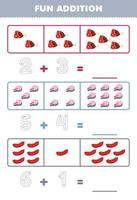 Education game for children fun addition by counting and tracing the number of cute cartoon beef salmon sausage printable food worksheet vector