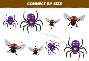 Educational game for kids connect by the size of cute cartoon spider and fly printable bug worksheet vector