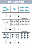 Education game for children fun addition by counting and tracing the number of cute cartoon mosasaurus plesiosaurus megalodon printable prehistoric dinosaur worksheet vector