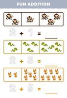 Education game for children fun addition by counting and tracing the number of cute cartoon monkey snake fox printable animal worksheet vector
