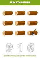 Education game for children count the pictures and color the correct number from cute cartoon wood log printable farm worksheet vector