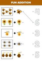 Education game for children fun addition of cartoon butterfly sunflower beehive bee honey then choose the correct number by tracing the line farm worksheet vector