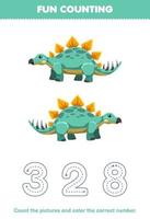 Education game for children count the pictures and color the correct number from cute cartoon stegosaurus printable prehistoric dinosaur worksheet vector