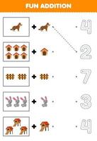 Education game for children fun addition of cartoon dog kennel fence rabbit hutch then choose the correct number by tracing the line farm worksheet vector