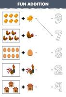 Education game for children fun addition of cartoon chicken chick hen egg rooster coop then choose the correct number by tracing the line farm worksheet vector