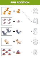 Education game for children fun addition of cartoon fox mouse cat sheep mole then choose the correct number by tracing the line farm worksheet vector