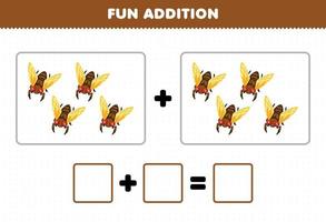 Education game for children fun addition by counting cute cartoon cicada pictures printable bug worksheet vector