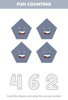 Education game for children count the pictures and color the correct number from cute cartoon pentagon printable geometric shape worksheet vector