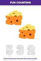 Education game for children count the pictures and color the correct number from cute cartoon cheese printable food worksheet vector