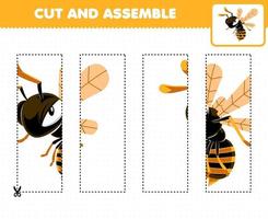 Education game for children cutting practice and assemble puzzle with cute cartoon wasp bee printable bug worksheet vector